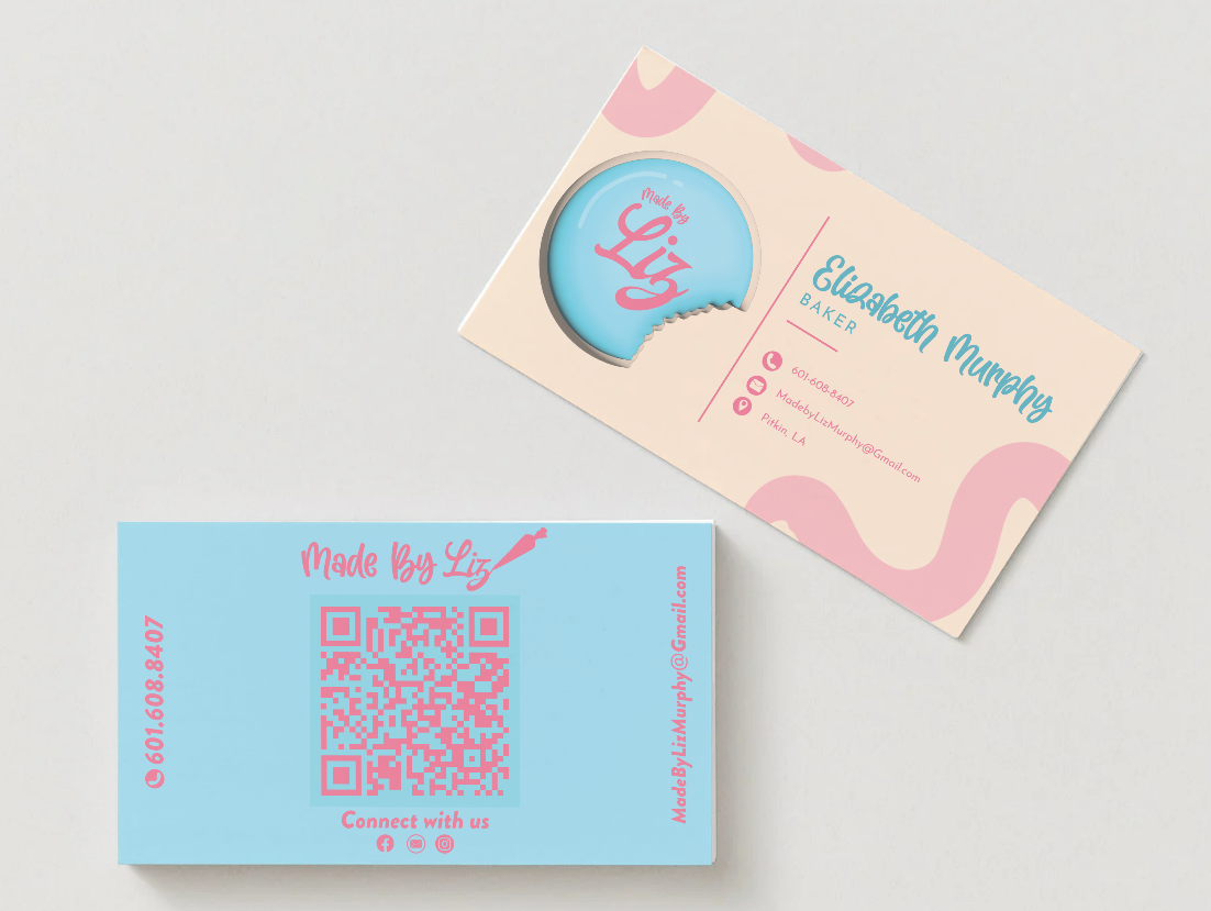 Made by Liz business card detail with submark and contact details for Elizabeth Murphy, Baker