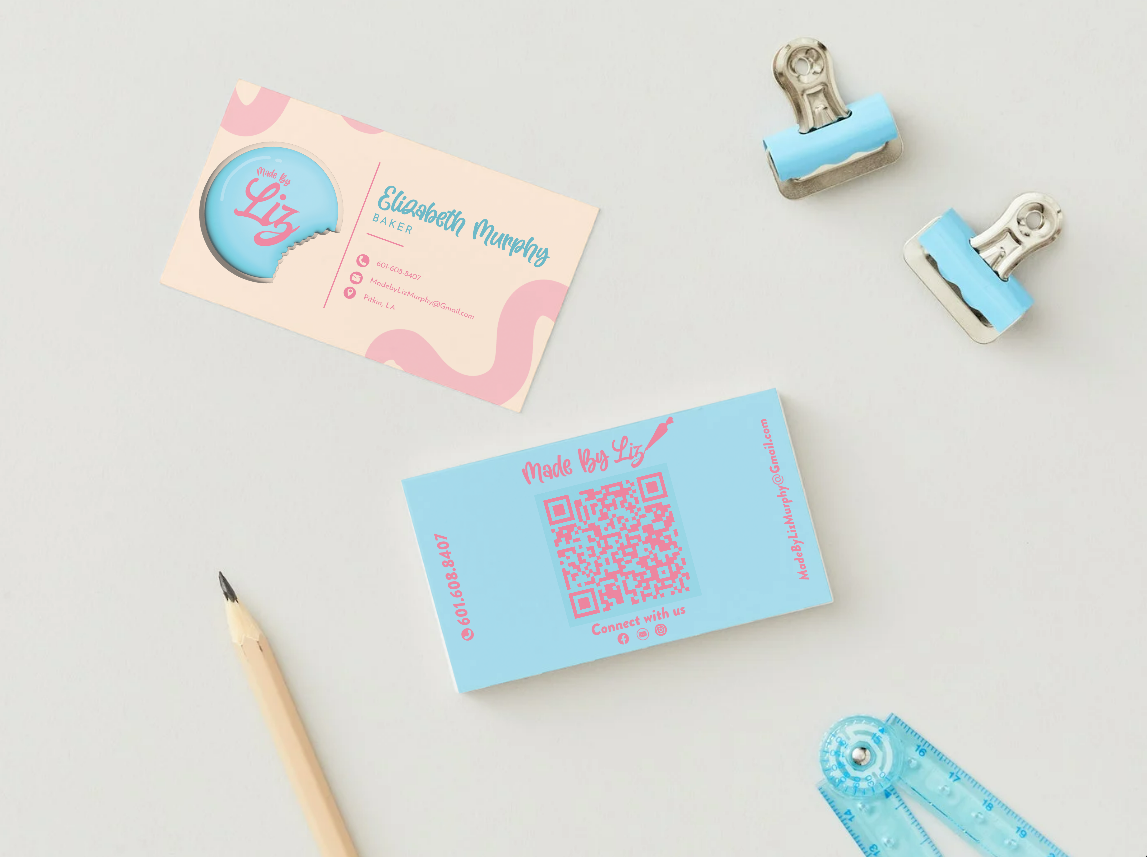 Made by Liz business cards — cream front with pink wave, blue back with QR code